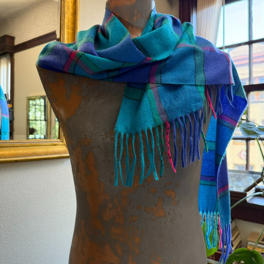 Bright Tartan Acrylic Scarf With Fringe MADE IN JAPAN