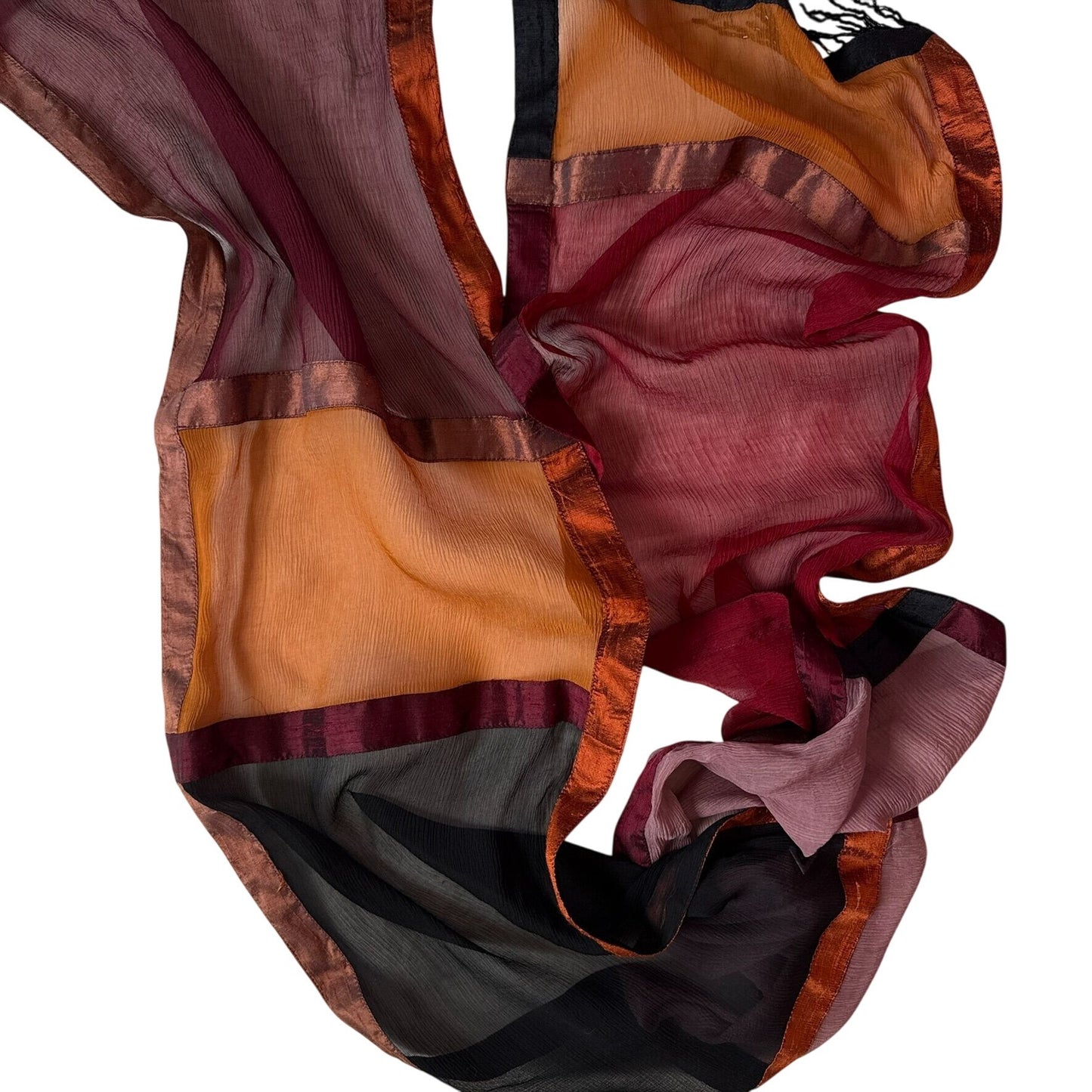 Autumn Multi-Color Sheer Silk Scarf With Satin Borders Elegant Statement Design