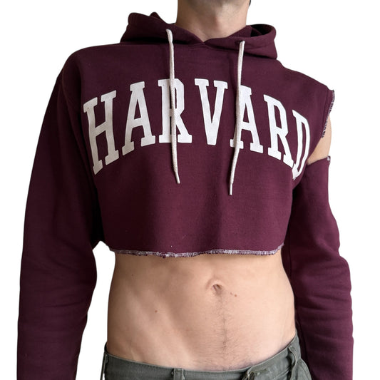 Harvard Crop Hoodie Maroon Cut-Off Sleeves Distressed Style Unisex