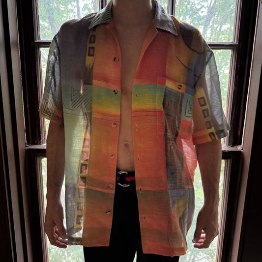 Hyper Vibrant Abstract Sheer Button-Up Shirt