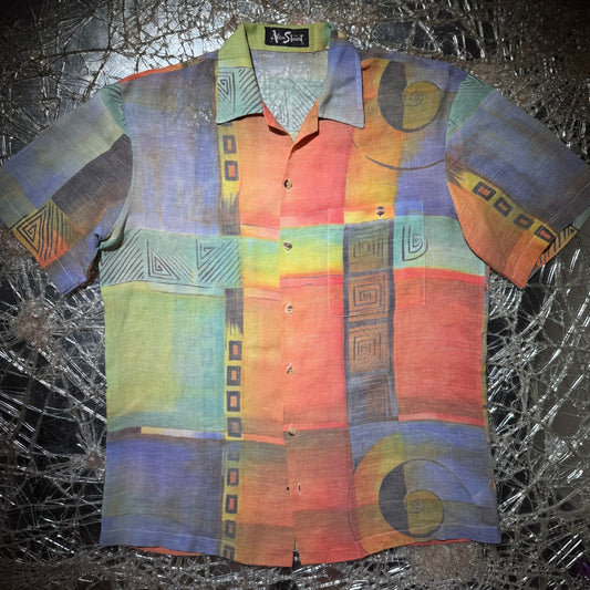 Hyper Vibrant Abstract Sheer Button-Up Shirt