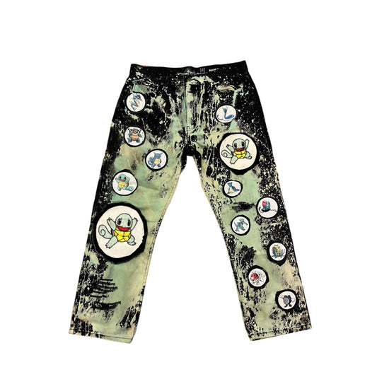 Hand-Painted Graphic Jeans With Pokemon Patches Seafoam & Black