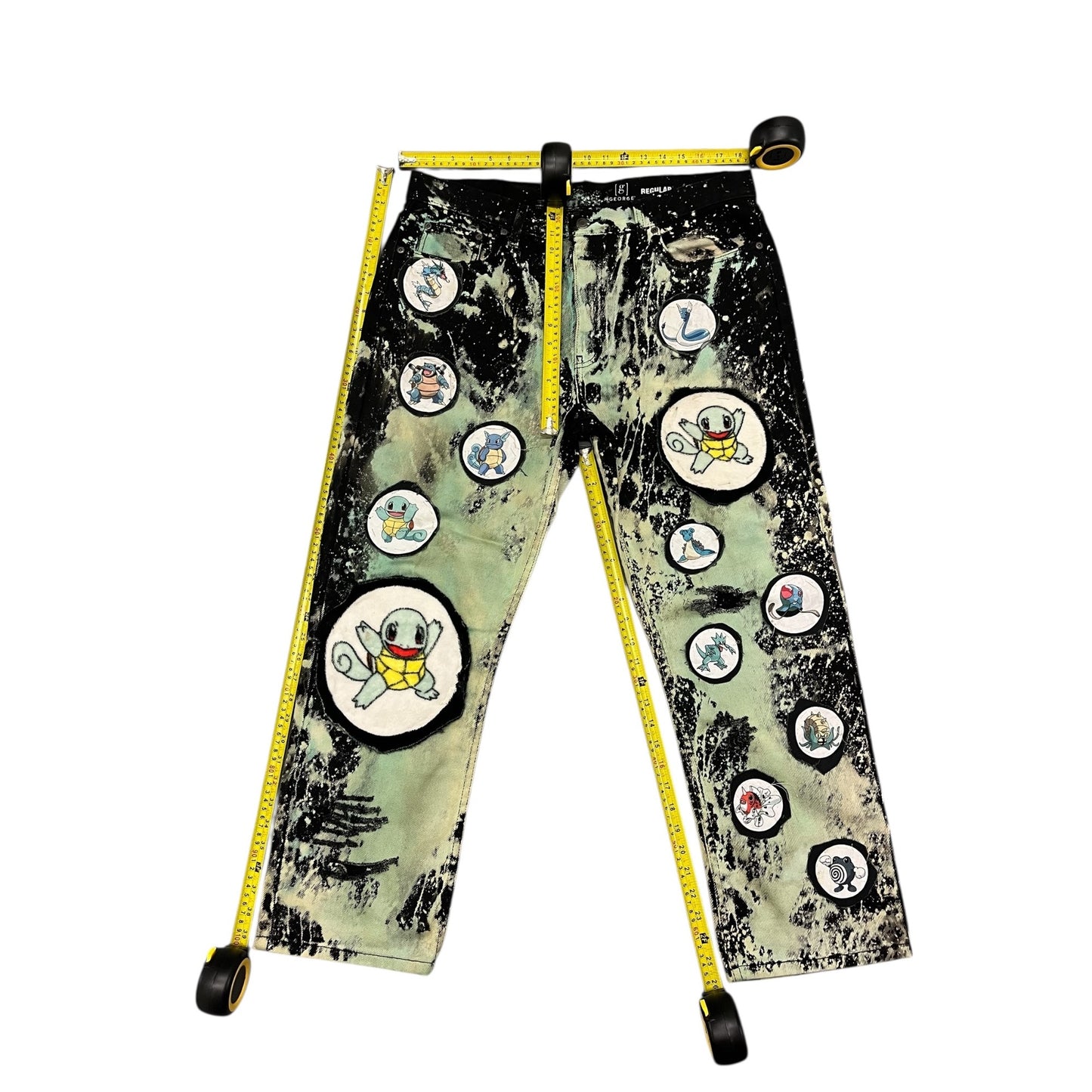 Hand-Painted Graphic Jeans With Pokemon Patches Seafoam & Black